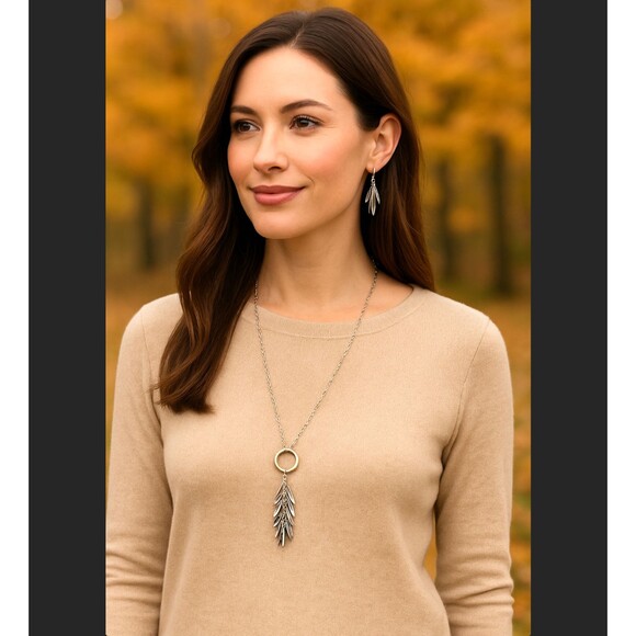 J. Jill Mixed Metal Rosemary Leaves Pendant Necklace & Earrings Silver Gold Tone - Picture 1 of 16